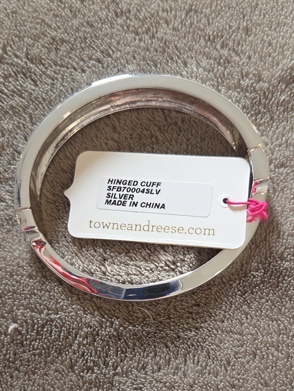 Towne & Reese Silver Hinged Cuff Bracelet with Pink Tag